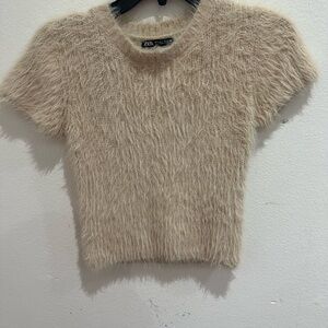 Zara Beige Fuzzy Knit Top
